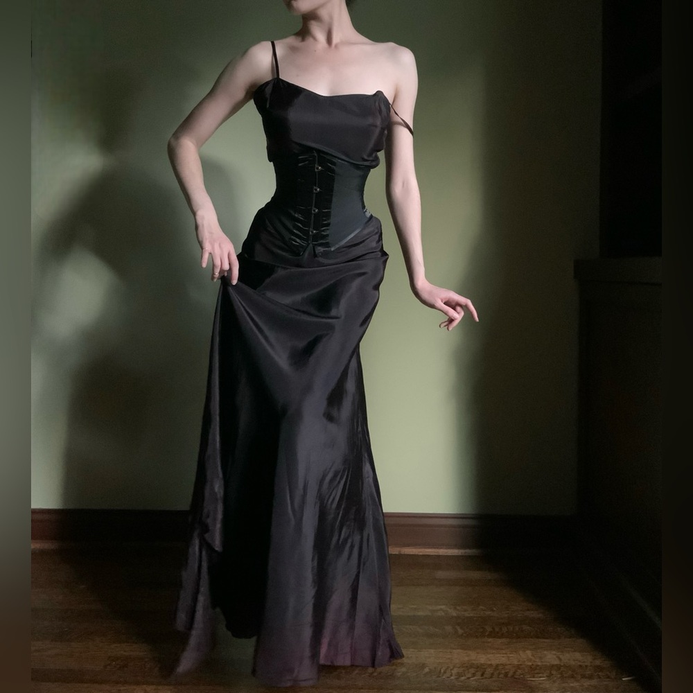 Vintage Bias Cut Slip, Full Length, Black Formal Floor Length Fitted Slip Dress